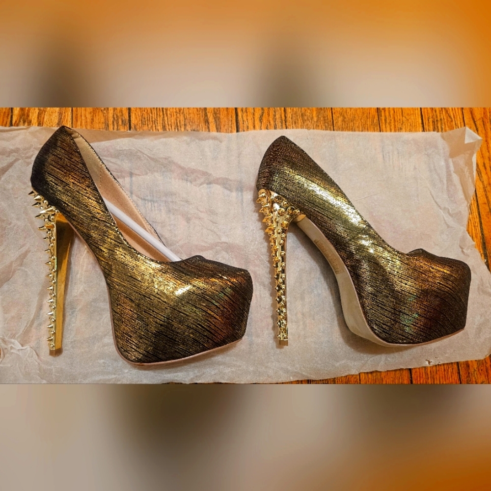 Scene Gold and Black Spiked Heel Platform Stiletto Heels